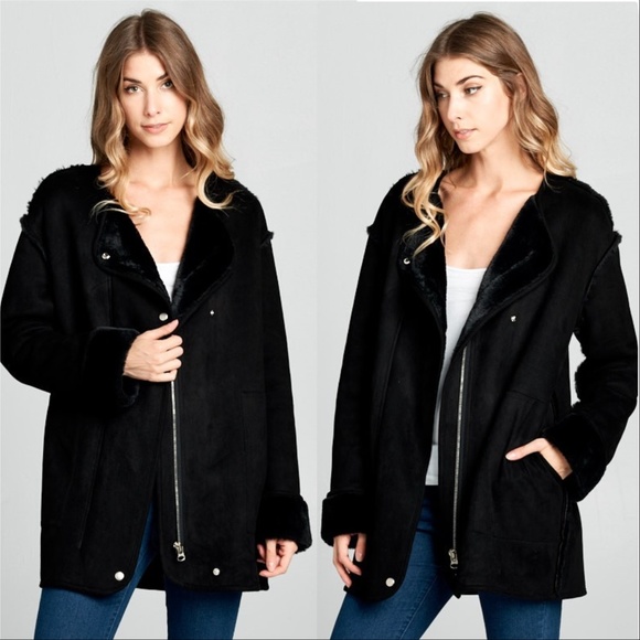 MODA ME COUTURE Jackets & Blazers - ELLA Suede Fur lined Coat -Black